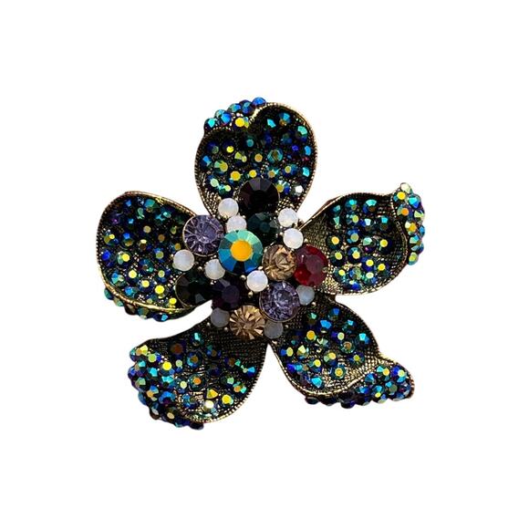 Vtg Large Rhinestone Flower Brooch Blue AB Stones Gold Tone Metal Mid Century - Picture 1 of 6